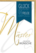 Glückwunschkarte zur Masterprüfung - Stilvolles Gold-Blau Design für Erfolg und Zukunft