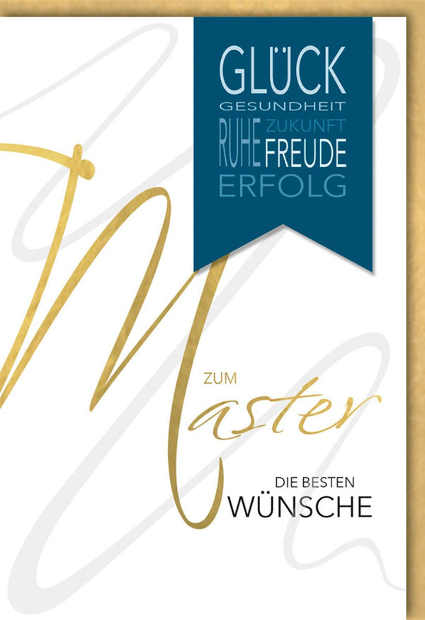 Glückwunschkarte zur Masterprüfung - Stilvolles Gold-Blau Design für Erfolg und Zukunft