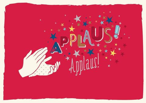 Glückwunschkarte zur Prüfung: Applaus für bestandene Prüfungen mit bunten Sternen und klatschenden Händen, ideal für Studenten und Absolventen