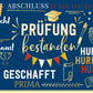 Glückwunschkarte zur Prüfung bestanden mit Sprüchen und Motiv Abschluss Hut Pokal Bücher moderne Doppelkarte für erfolgreiche Prüfungen