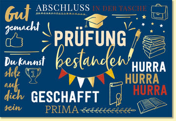 Glückwunschkarte zur Prüfung bestanden mit Sprüchen und Motiv Abschluss Hut Pokal Bücher moderne Doppelkarte für erfolgreiche Prüfungen