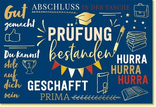 Glückwunschkarte zur Prüfung bestanden mit Sprüchen und Motiv Abschluss Hut Pokal Bücher moderne Doppelkarte für erfolgreiche Prüfungen