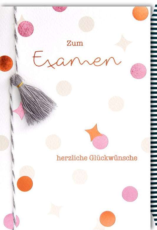Glückwunschkarte zur Prüfung - Elegantes Design mit Quaste & Punkten, Perfekte Gratulation zum Examen, Edle Papeterie Geschenkidee
