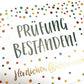 Glückwunschkarte zur Prüfung fröhliche Doppelkarte mit bunten Punkten und Aufschrift Prüfung bestanden herzlichen Glückwunsch