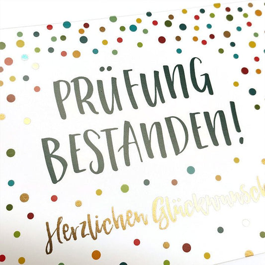 Glückwunschkarte zur Prüfung fröhliche Doppelkarte mit bunten Punkten und Aufschrift Prüfung bestanden herzlichen Glückwunsch