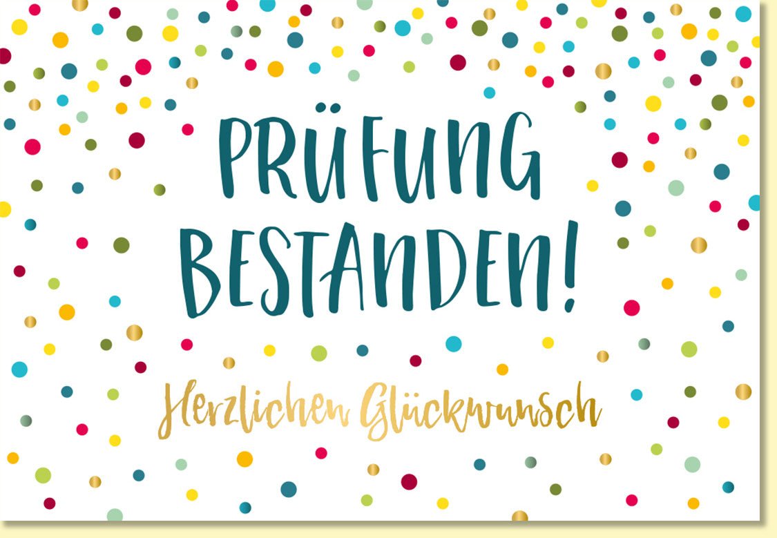 Glückwunschkarte zur Prüfung fröhliche Doppelkarte mit bunten Punkten und Aufschrift Prüfung bestanden herzlichen Glückwunsch