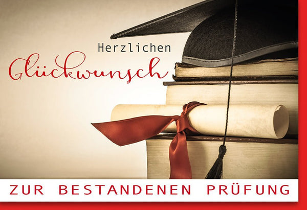 Glückwunschkarte zur Prüfung - Stilvolle Karte mit Urkunden-Design, Schleife & Text für Absolventen & Berufseinsteiger in Beige & Rot