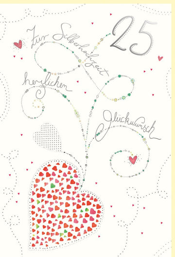 Glückwunschkarte zur Silberhochzeit – Herzdesign auf Naturkarton mit Silberfolie, Blindprägung für 25 Jahre Liebe, Romantisch in Rot & Weiß