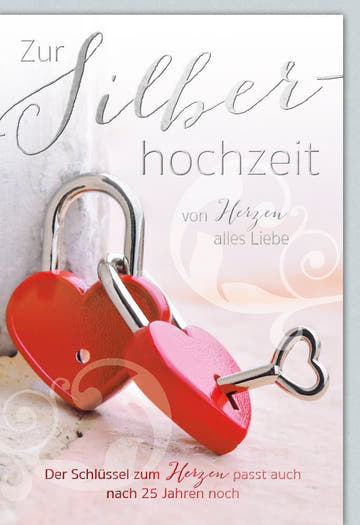 Glückwunschkarte zur Silberhochzeit - Romantisches Design mit Herzen & Schlüssel, 25 Jahre Ehejubiläum feiern
