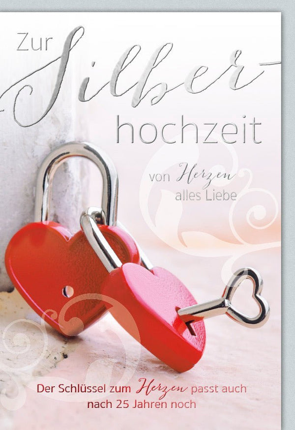 Glückwunschkarte zur Silberhochzeit - Romantisches Design mit Herzen & Schlüssel, 25 Jahre Ehejubiläum feiern