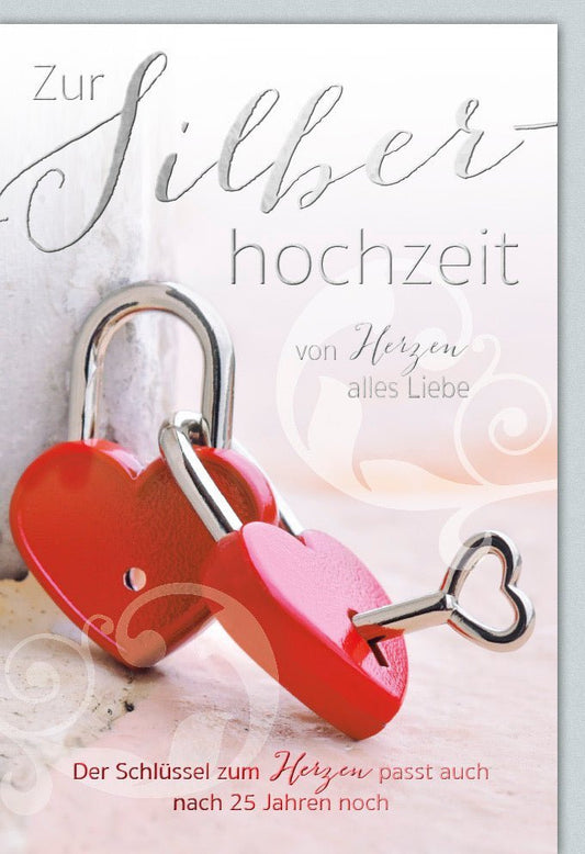 Glückwunschkarte zur Silberhochzeit - Romantisches Design mit Herzen & Schlüssel, 25 Jahre Ehejubiläum feiern