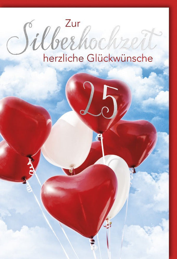 Glückwunschkarte zur Silberhochzeit – Stilvolle Karte zum 25-jährigen Ehejubiläum mit Herzballons und Feiermotiven