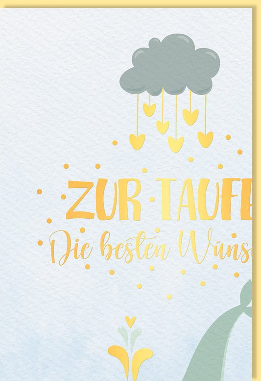 Glückwunschkarte zur Taufe - Elegante Karte mit Wolken & Herzen, Naturkarton, Goldfolie, Wal - Motiv in Hellblau & Beige