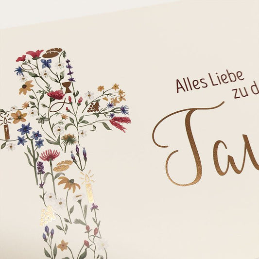 Glückwunschkarte zur Taufe mit Blumen Kreuz und goldener Schrift stilvolle Grußkarte für Mädchen Jungen Taufglückwünsche
