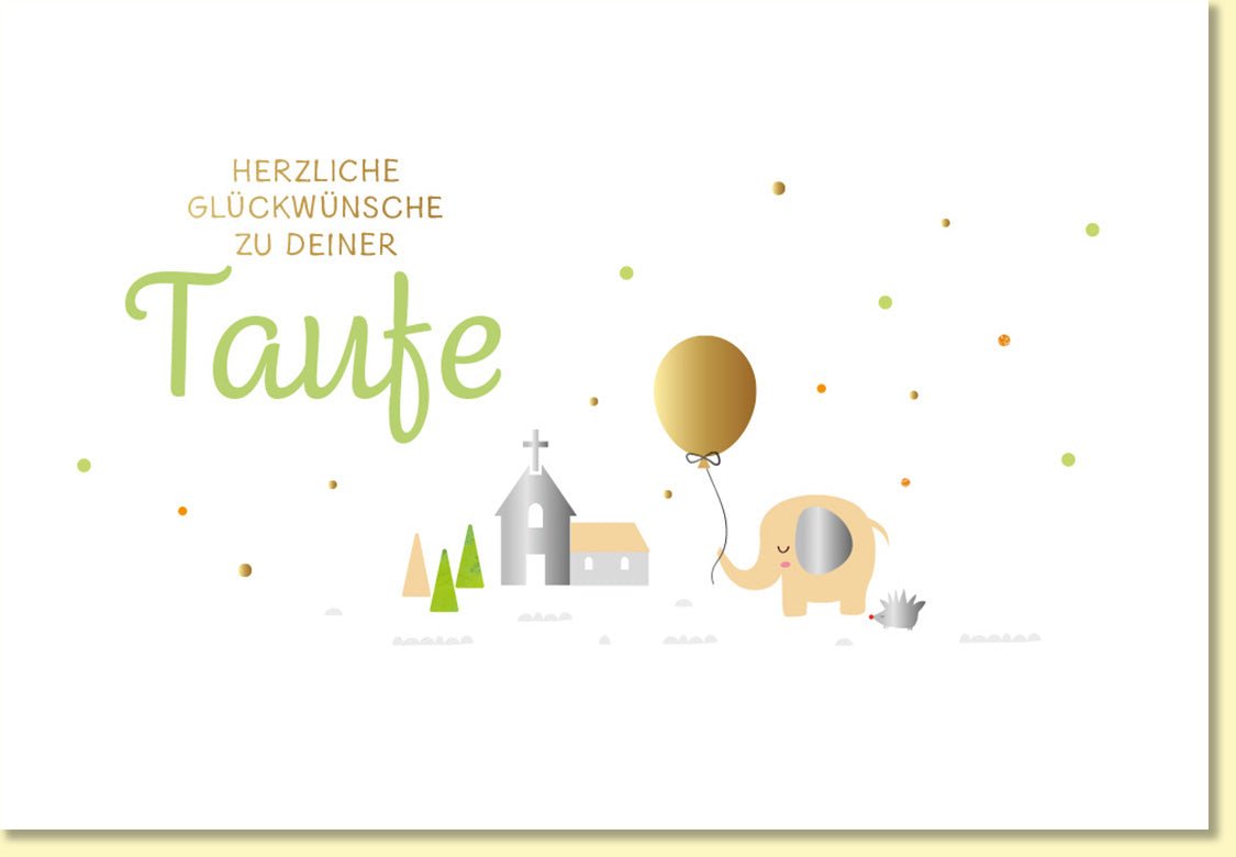 Glückwunschkarte zur Taufe mit Elefant und Luftballon liebevolles Motiv Kirche modernes Design Taufkarte für Mädchen und Jungen