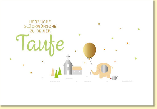 Glückwunschkarte zur Taufe mit Elefant und Luftballon liebevolles Motiv Kirche modernes Design Taufkarte für Mädchen und Jungen