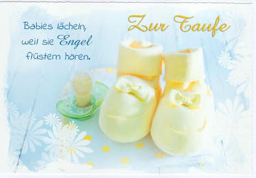 Glückwunschkarte zur Taufe mit gelben Babyschuhen und Spruch zarte Farben Engelmotiv liebevoll gestaltet für Mädchen oder Jungen
