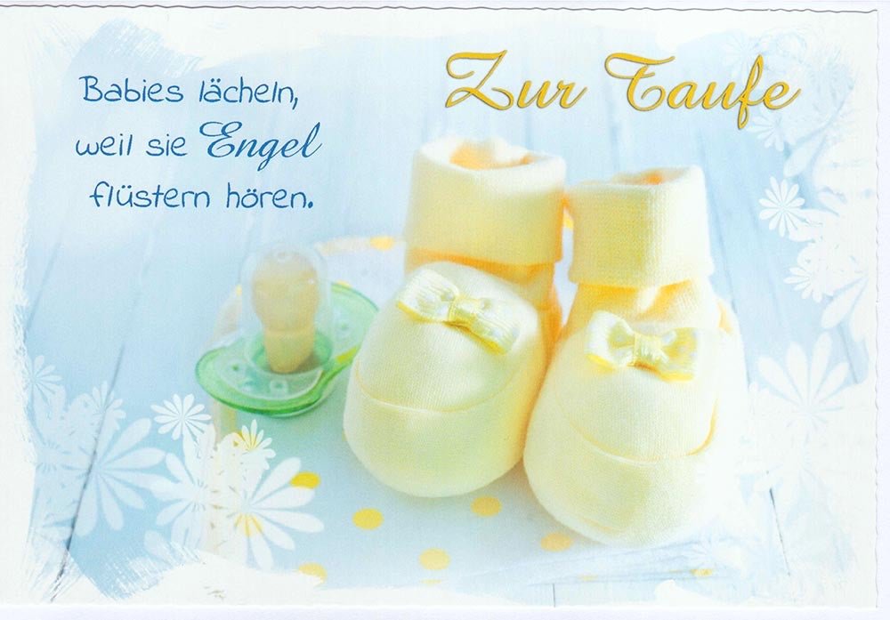 Glückwunschkarte zur Taufe mit gelben Babyschuhen und Spruch zarte Farben Engelmotiv liebevoll gestaltet für Mädchen oder Jungen