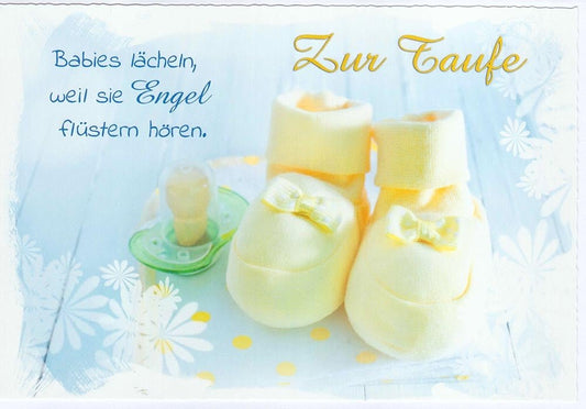 Glückwunschkarte zur Taufe mit gelben Babyschuhen und Spruch zarte Farben Engelmotiv liebevoll gestaltet für Mädchen oder Jungen