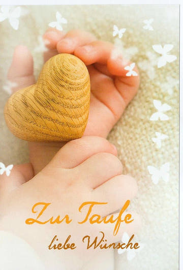 Glückwunschkarte zur Taufe mit Holzherz und Schmetterlingen zarte Babymotive liebe Wünsche edle Taufkarte für Jungen und Mädchen