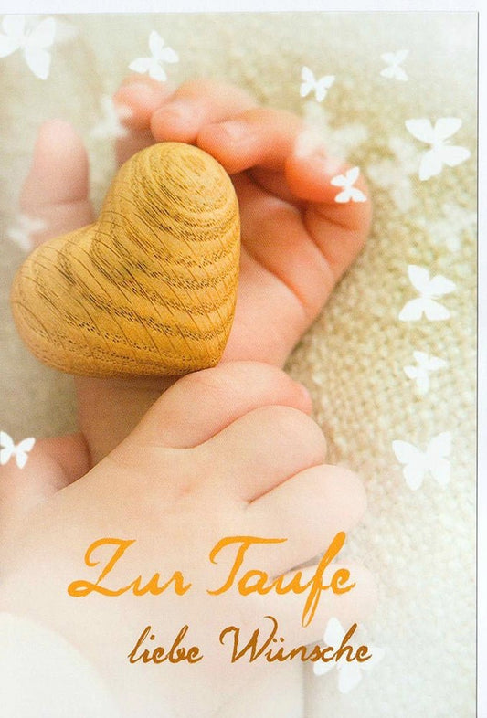 Glückwunschkarte zur Taufe mit Holzherz und Schmetterlingen zarte Babymotive liebe Wünsche edle Taufkarte für Jungen und Mädchen