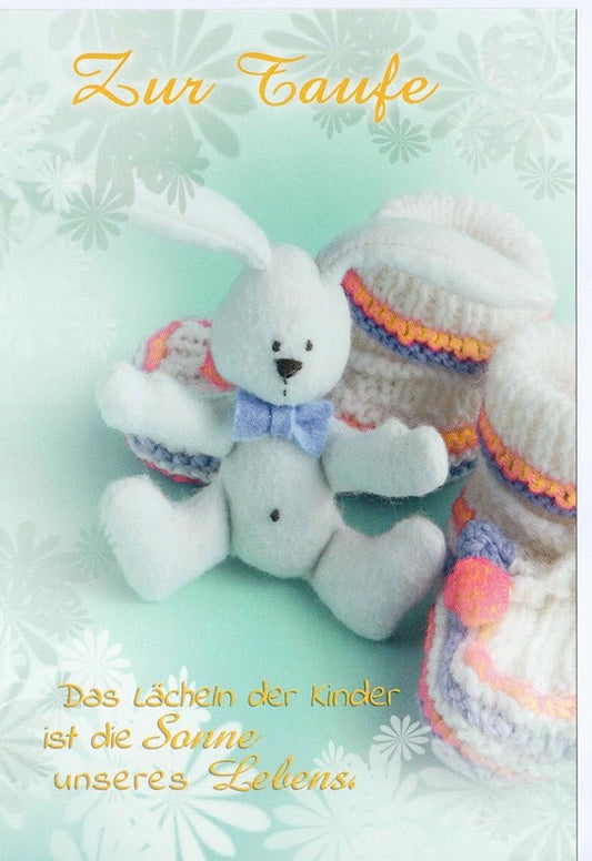 Glückwunschkarte zur Taufe mit niedlichem Stoffhasen und Babyschuhen zartes Design für Jungen und Mädchen hochwertige Doppelkarte