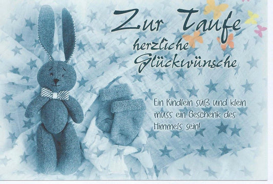 Glückwunschkarte zur Taufe mit Stoffhase und Babysöckchen liebevolle Glückwünsche zartes Design für Jungen und Mädchen