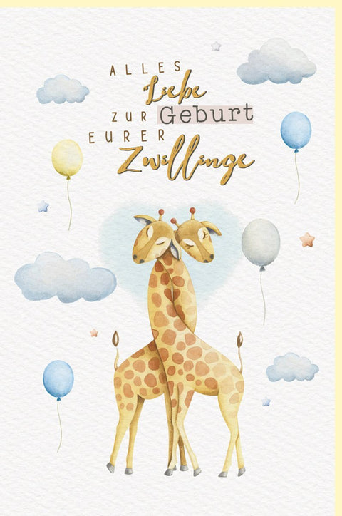 Glückwunschkarte zur Zwillingsgeburt - Giraffenmotiv in Hellblau/Beige für Neugeborene und Eltern