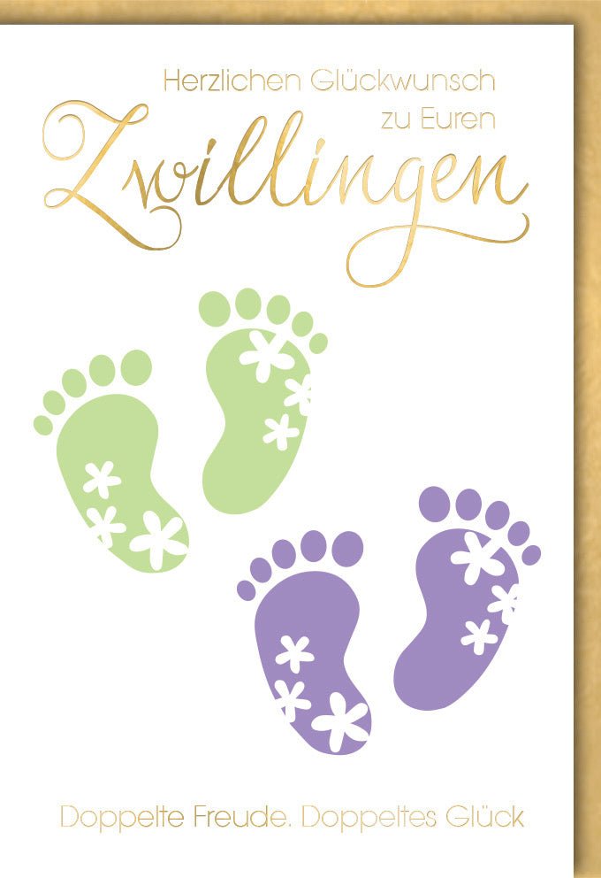 Glückwunschkarte Zwillinge Geburt - Babyfußabdrücke in Grün & Blau, zur doppelten Freude gratulieren