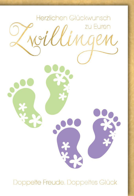 Glückwunschkarte Zwillinge Geburt - Babyfußabdrücke in Grün & Blau, zur doppelten Freude gratulieren