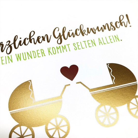 Glückwunschkarte Zwillinge Geburt Doppelkarte mit goldenen Kinderwagen Herz Motiv Grußkarte zur Geburt Zwillinge Babykarten