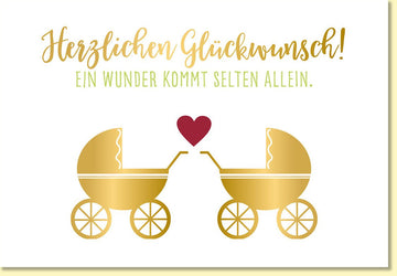 Glückwunschkarte Zwillinge Geburt Doppelkarte mit goldenen Kinderwagen Herz Motiv Grußkarte zur Geburt Zwillinge Babykarten