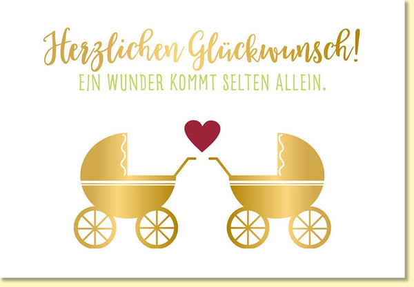 Glückwunschkarte Zwillinge Geburt Doppelkarte mit goldenen Kinderwagen Herz Motiv Grußkarte zur Geburt Zwillinge Babykarten