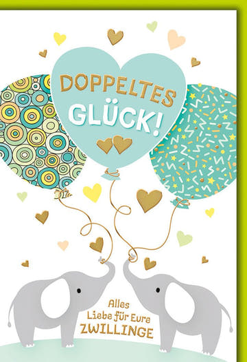 Glückwunschkarte Zwillinge Geburt – Elefanten mit Herzballons und buntem Muster