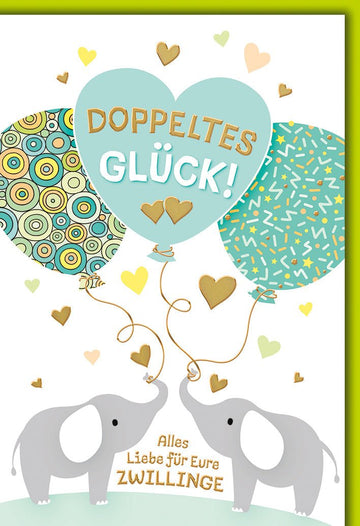 Glückwunschkarte Zwillinge Geburt – Elefanten mit Herzballons und buntem Muster