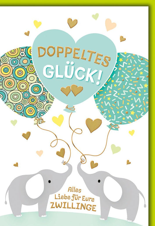Glückwunschkarte Zwillinge Geburt – Elefanten mit Herzballons und buntem Muster
