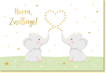 Glückwunschkarte Zwillinge Geburt süße Elefanten Herz goldene Akzente Doppelkarte hochwertige Grußkarte zur Geburt von Zwillingen