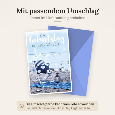 Glückwunschkarte Geburtstag mit Strandmotiv: Anker, Liegestuhl und Kerzen im Hintergrund