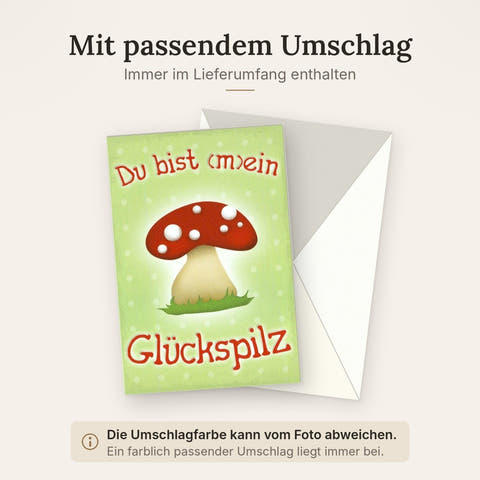 Glückwunschkarte - "Glückspilz" mit Kleeblatt & Herz, Fröhliches Design in Grün Rot Weiß für Freundschaft und Feierlichkeiten