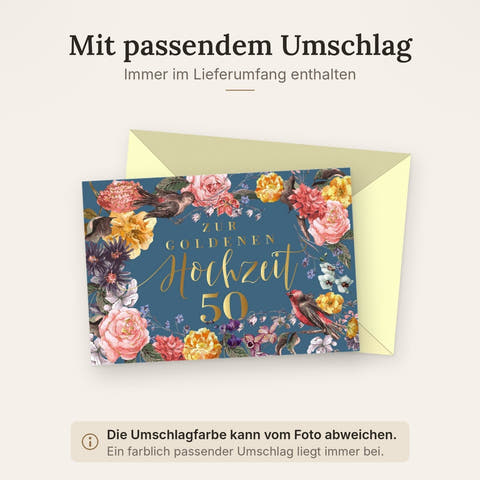 Glückwunschkarte goldene Hochzeit 50 Jahre edle Doppelkarte mit Blumen und Vögeln florales Design Jubiläumskarte Hochzeitskarte