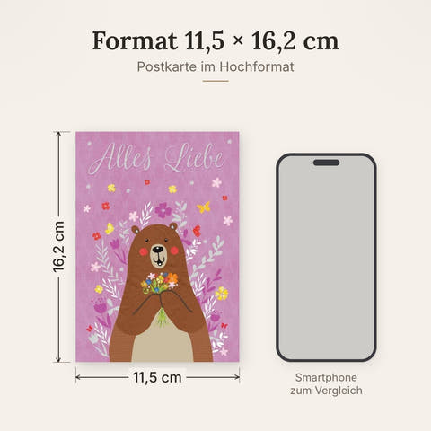 Glückwunschkarte mit Bär & Blumen - "Alles Liebe", Herzliche Grüße, Süße Tierillustration auf Lila Hintergrund