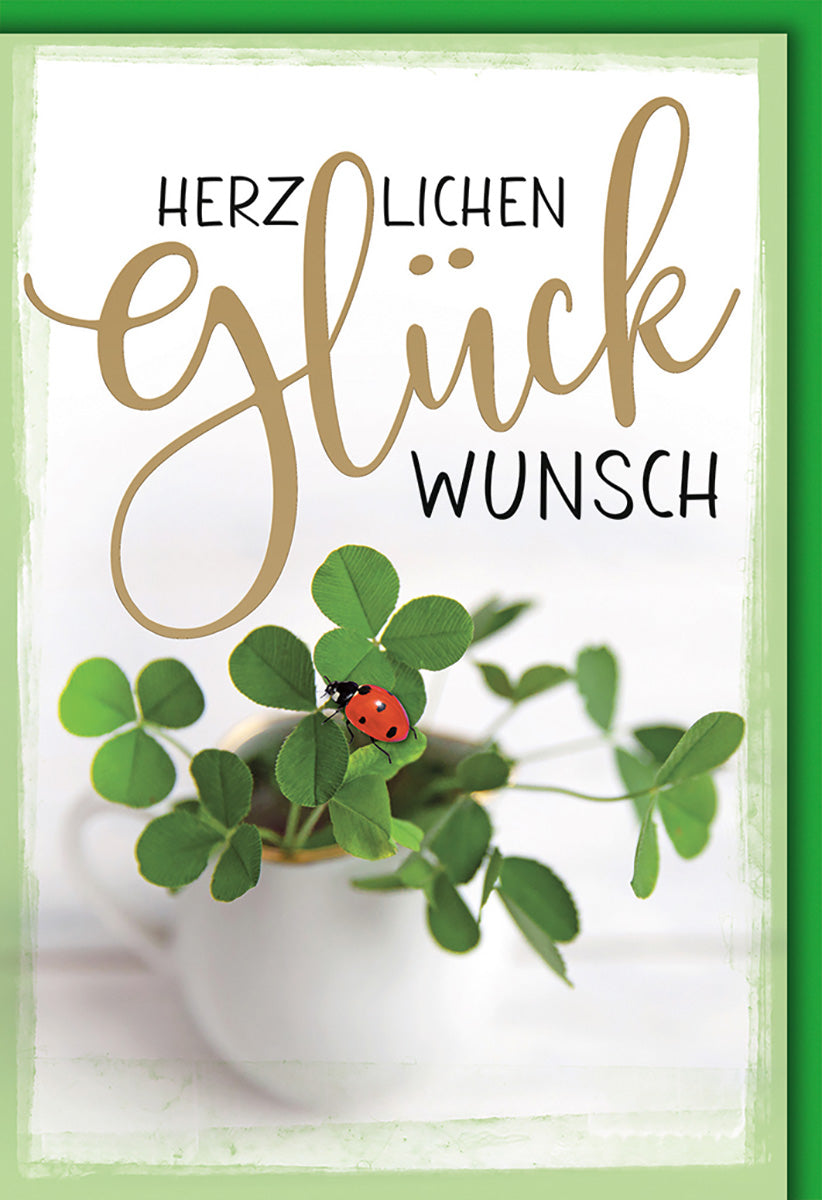 Viel-Glück-Karte Allgemein – Kleeblatt mit Marienkäfer in modernem Schriftzug-Design