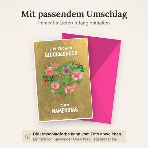 Glückwunschkarte Namenstag – Blumenherz auf Goldfolie mit Aquarell-Design