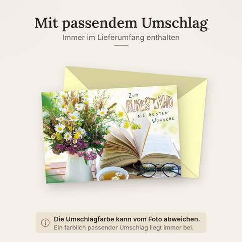 Glückwunschkarte zum Ruhestand mit Blumenstrauß, offenem Buch und Teetasse liebevolle Karte für den Abschied in den Ruhestand
