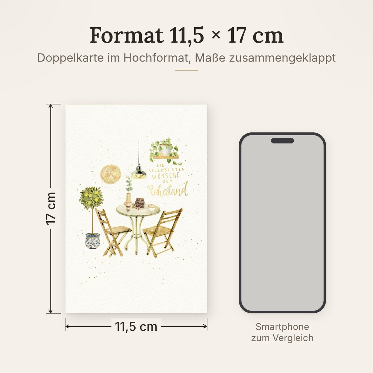 Glückwunschkarte zum Ruhestand mit liebevoller Illustration von Gartentisch Stühlen Pflanzen und Schriftzug Die allerbesten Wünsche zum Ruhestand