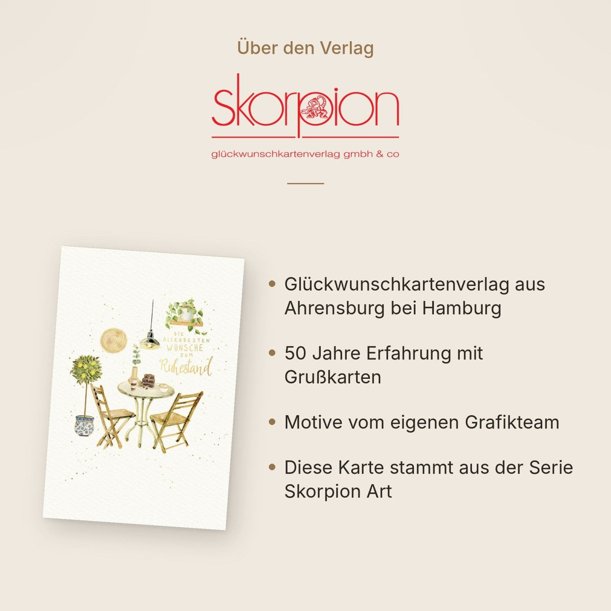 Glückwunschkarte zum Ruhestand mit liebevoller Illustration von Gartentisch Stühlen Pflanzen und Schriftzug Die allerbesten Wünsche zum Ruhestand