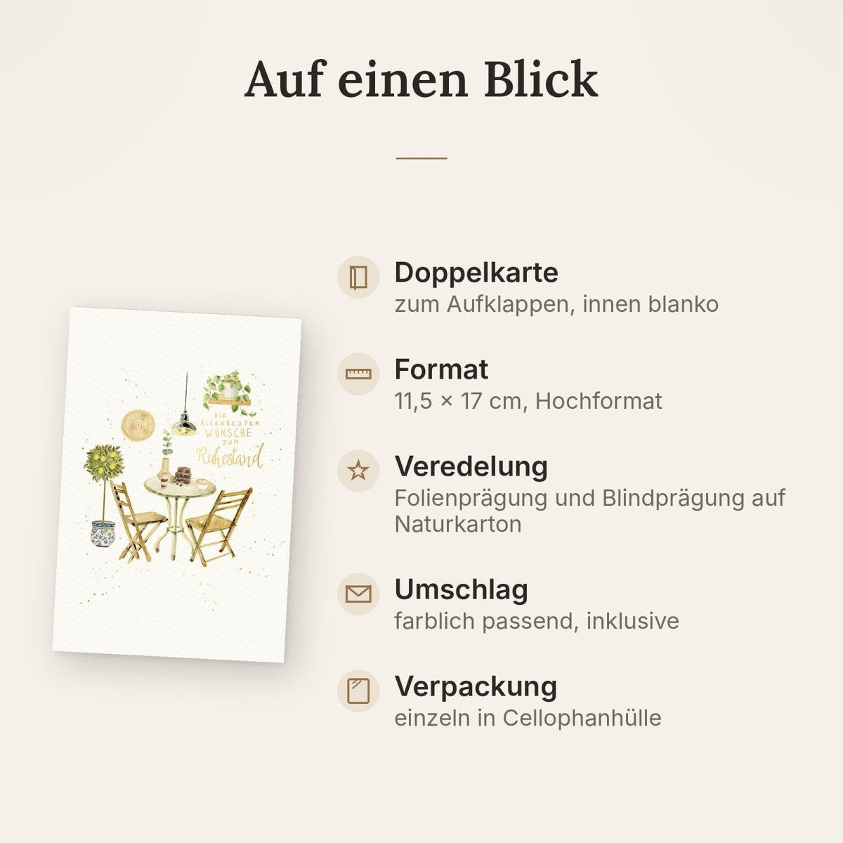 Glückwunschkarte zum Ruhestand mit liebevoller Illustration von Gartentisch Stühlen Pflanzen und Schriftzug Die allerbesten Wünsche zum Ruhestand