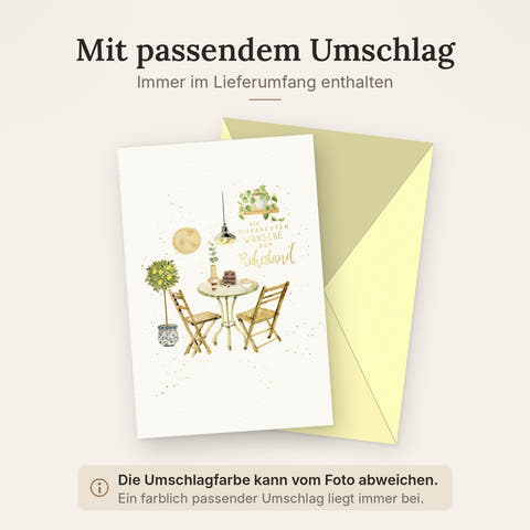 Glückwunschkarte zum Ruhestand mit liebevoller Illustration von Gartentisch Stühlen Pflanzen und Schriftzug Die allerbesten Wünsche zum Ruhestand