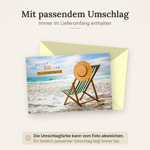Glückwunschkarte zum Ruhestand mit Strandmotiv Sonnenhut und Liegestuhl hochwertige Doppelkarte für den Abschied in die Rente
