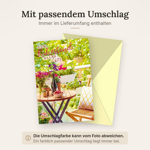Glückwunschkarte zum Ruhestand mit Wein Blumenstrauß und gemütlicher Terrasse liebevoll gestaltet für den besonderen Abschied